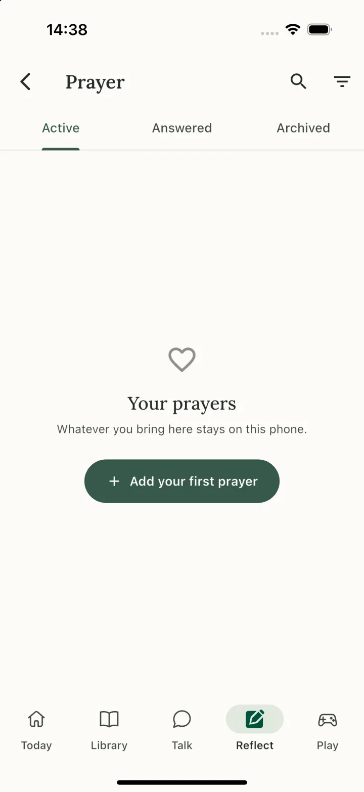 The Prayer screen with Active, Answered and Archived prayers, ready for a first prayer