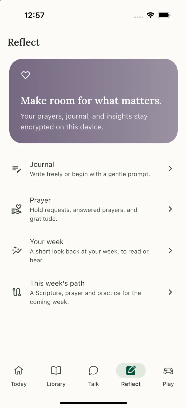 The Reflect screen: Journal, Prayer, Your week and This week’s path