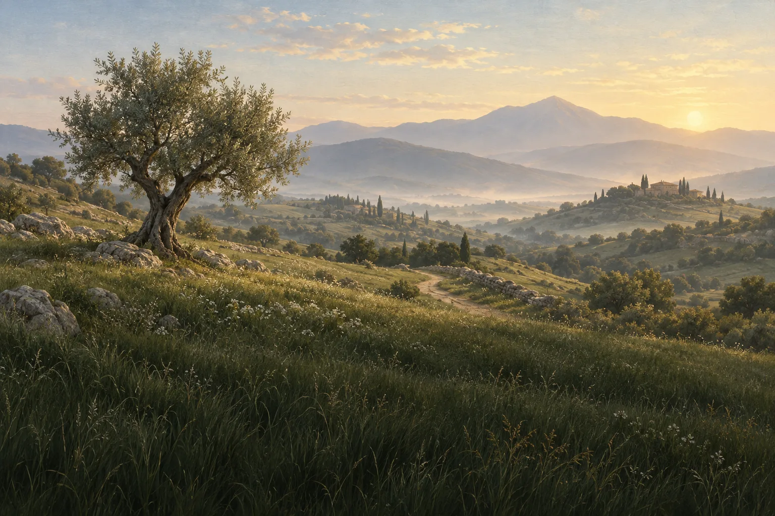 A quiet path through olive-green hills
