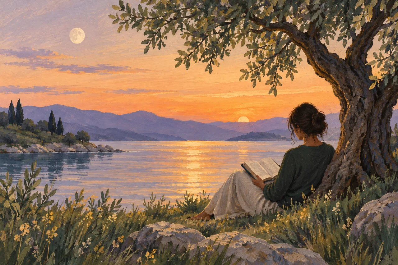 A painting of a person quietly reading beneath an olive tree beside still water at sunset.